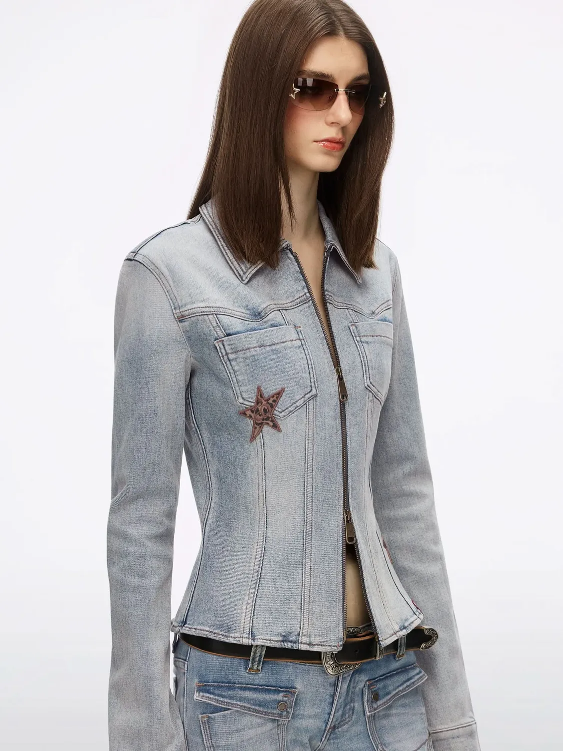Miss Sixty Zipper Denim Shirt denimskjorte lyseblå lynlås