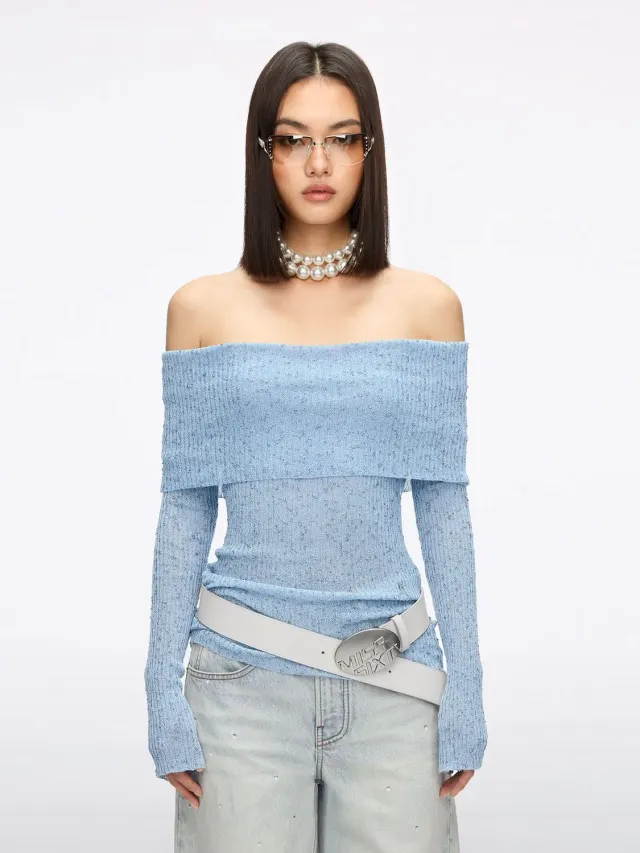 Miss Sixty strikbluse light blue off-shoulder