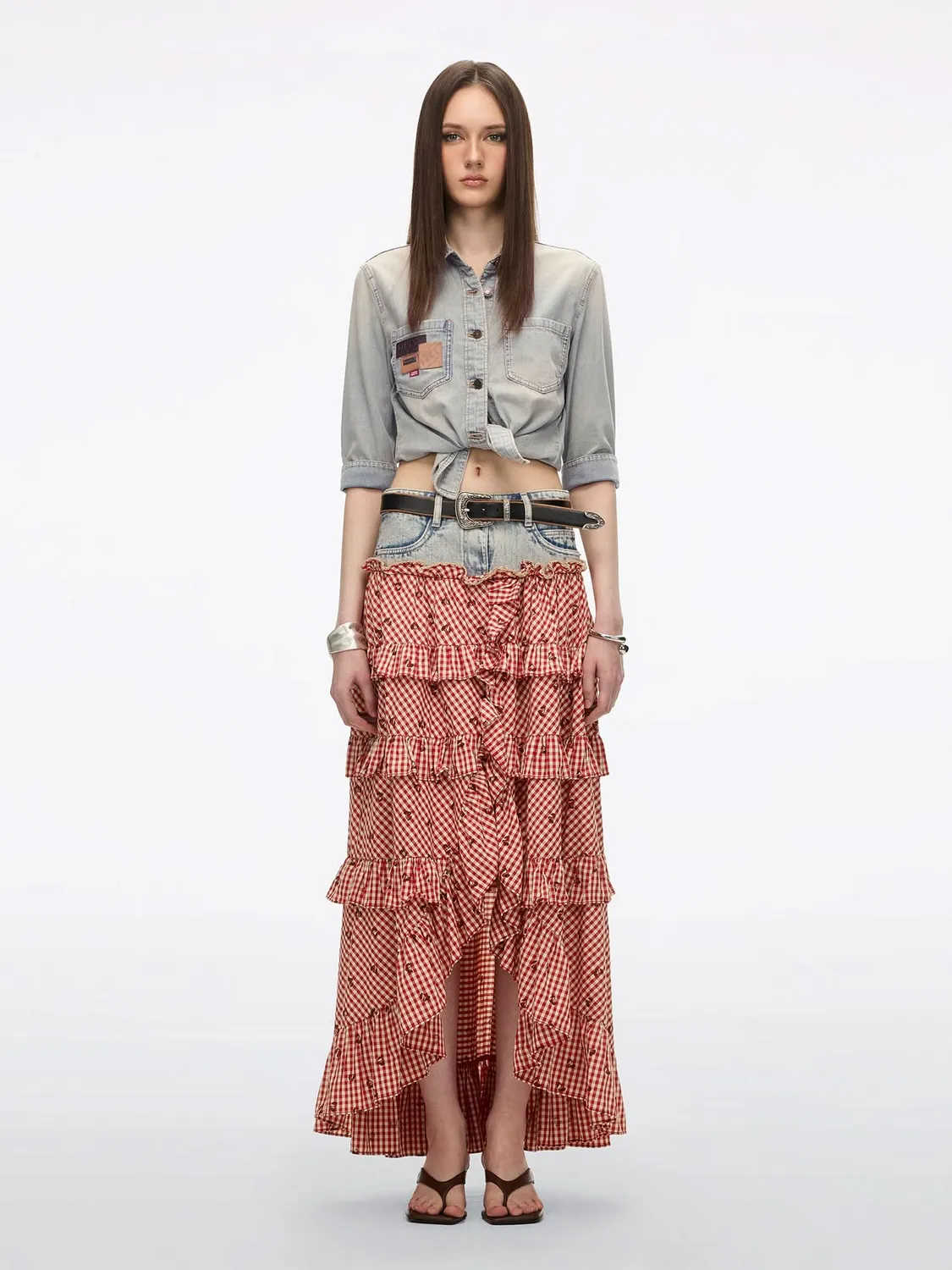 Miss Sixty Patchwork denim nederdel rød tern lav talje