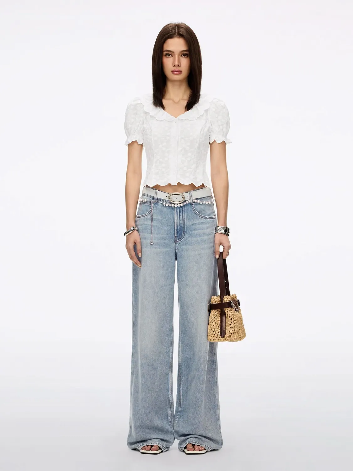 Miss Sixty straight jeans mellemblå med perlekæde