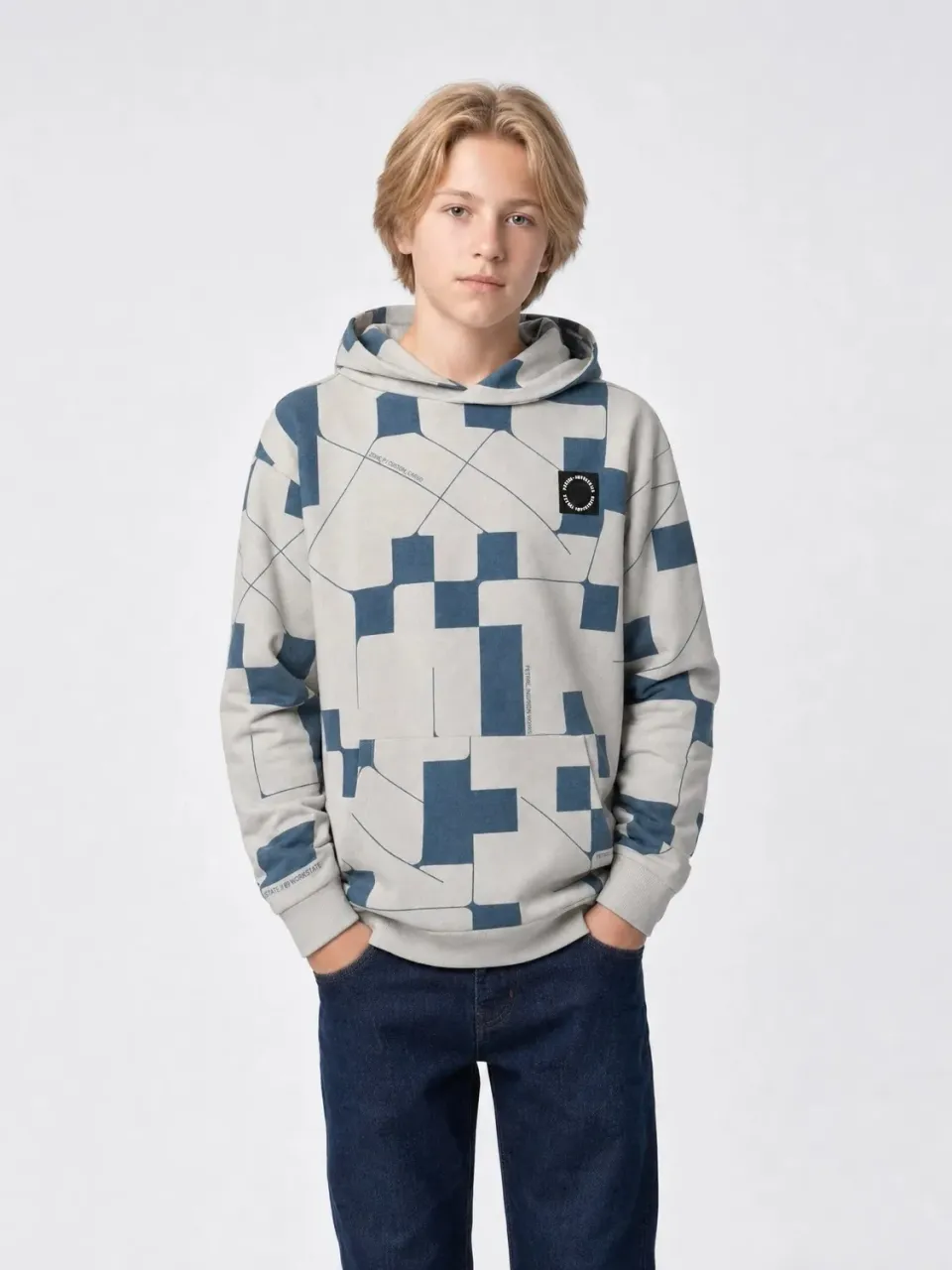 Petrol Industries hoodie ice grey – geometrisk print drenge