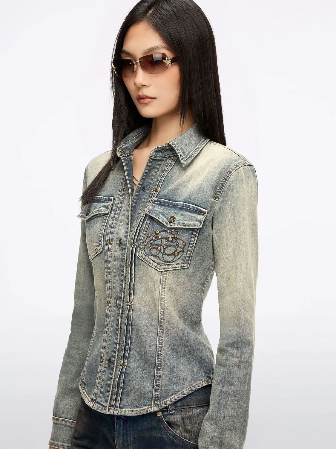Miss Sixty Studded denimskjorte mørkeblå nitter