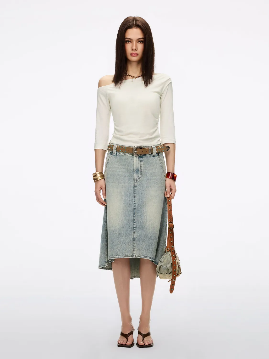 Miss Sixty denim midiskørt patchwork blå – A-line lav talje