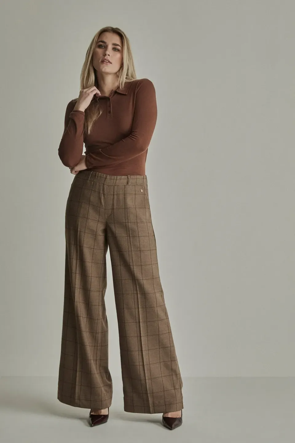 Para Mi Lizzy Check bukser Deep Brown ternet høj talje
