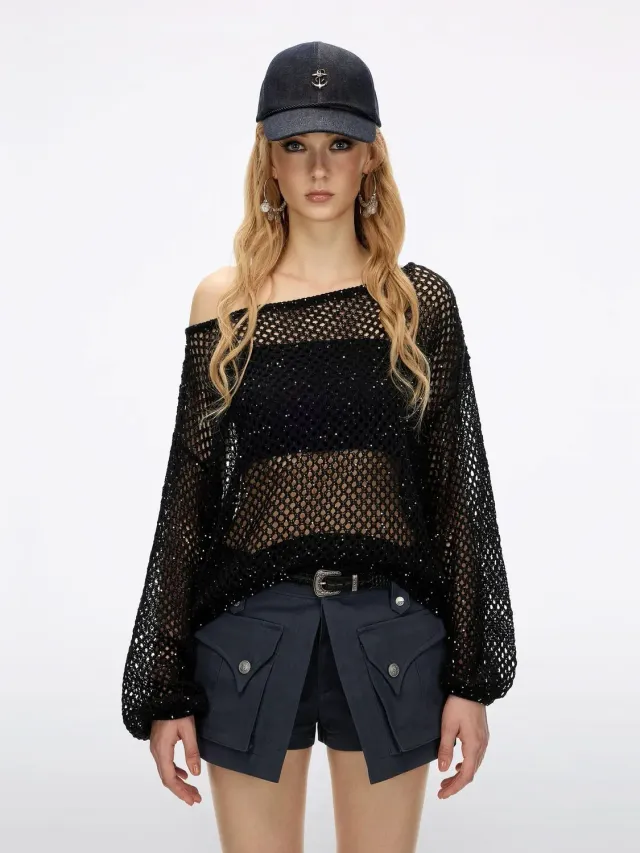 Miss Sixty Shimmering Mesh Knit Top strikbluse black palietter