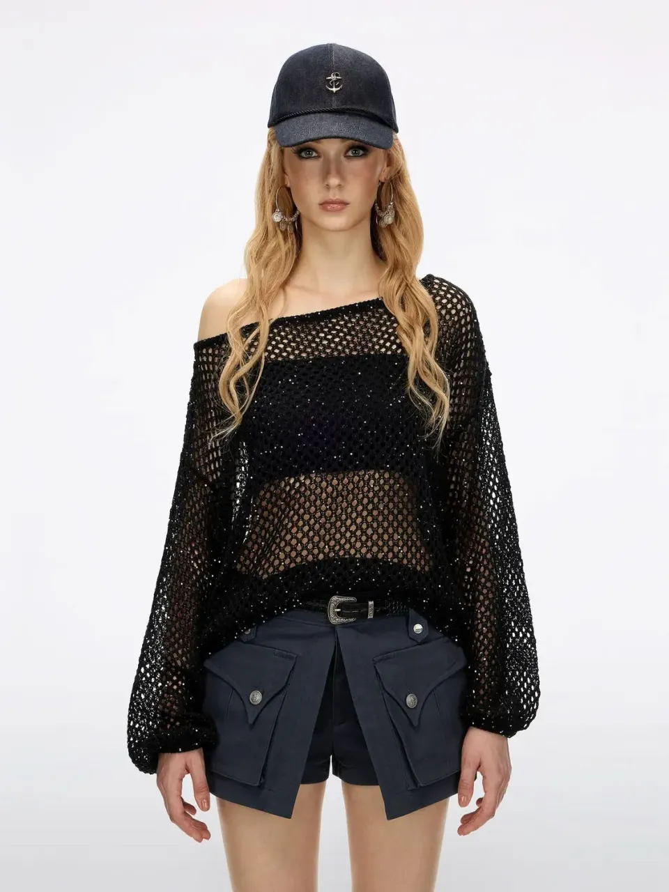 Miss Sixty Shimmering Mesh Knit Top strikbluse black palietter