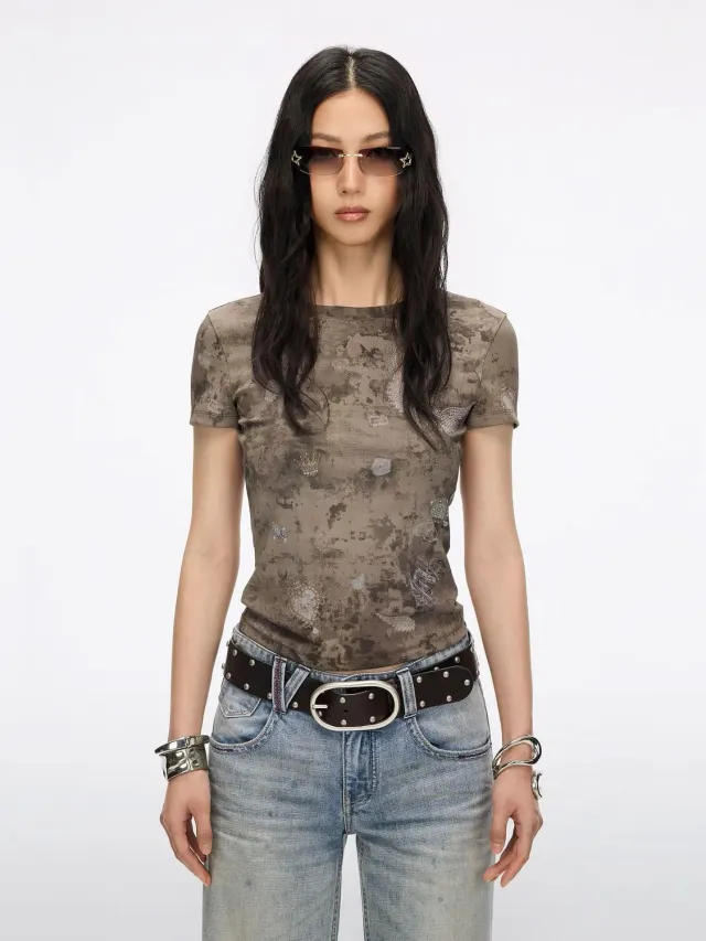 Miss Sixty Rhinestone Graphic t-shirt khaki