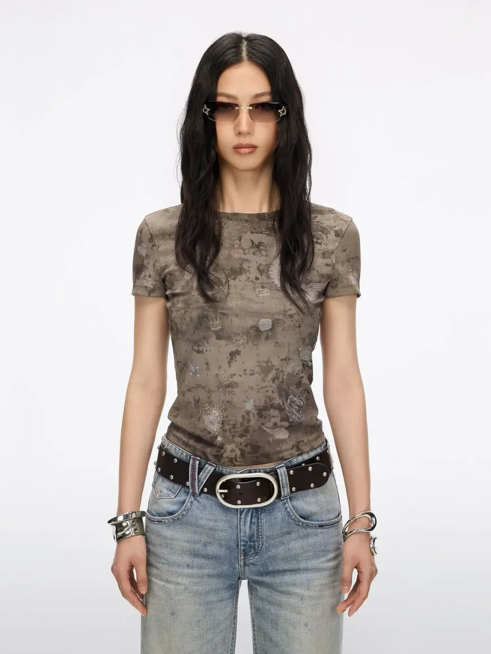 Miss Sixty Rhinestone Graphic t-shirt khaki