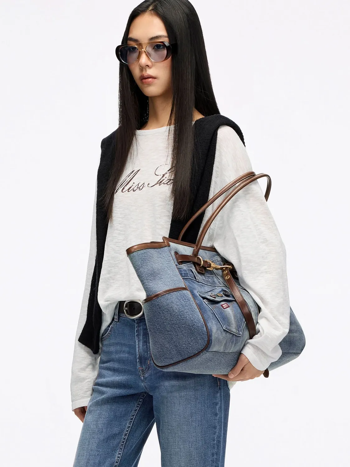 Miss Sixty tote bag blå denim patchwork læder