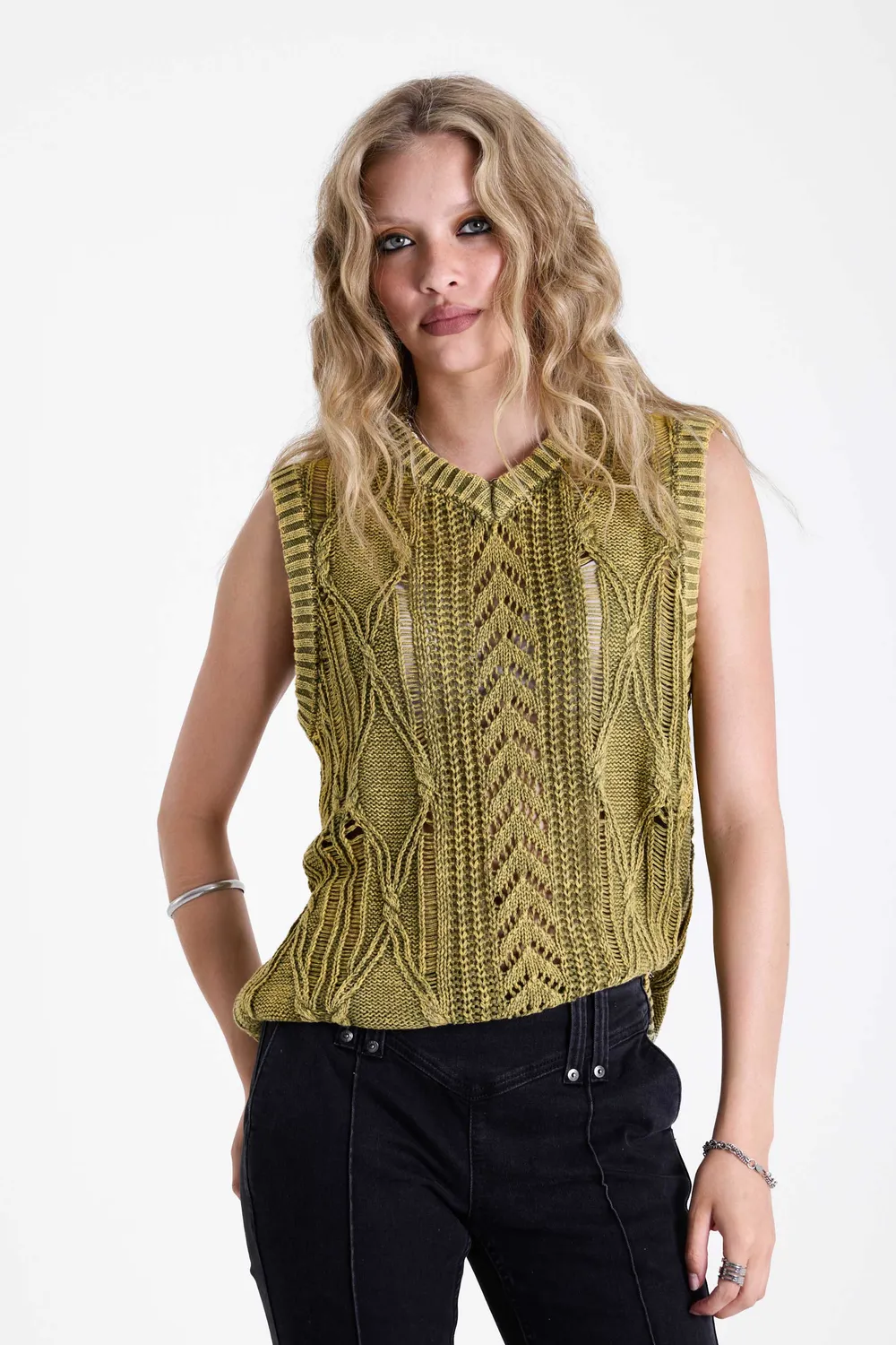 THE RAGGED PRIEST Sleaze Acid Wash Cable Knit strikvest oliven