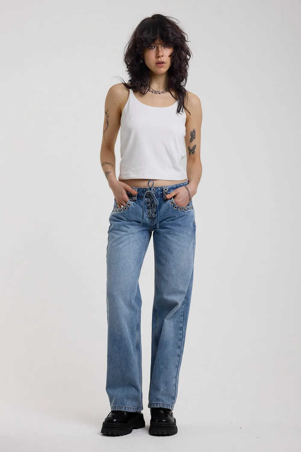 The Ragged Priest Twilight Lace Up baggy jeans blå snøring