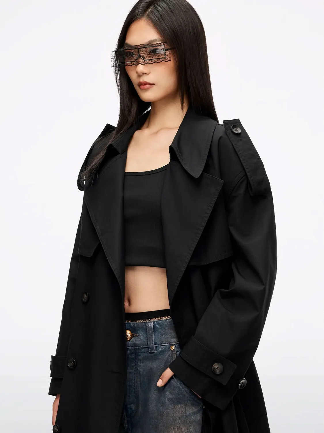 Miss Sixty trenchcoat sort bæltet dobbeltradet