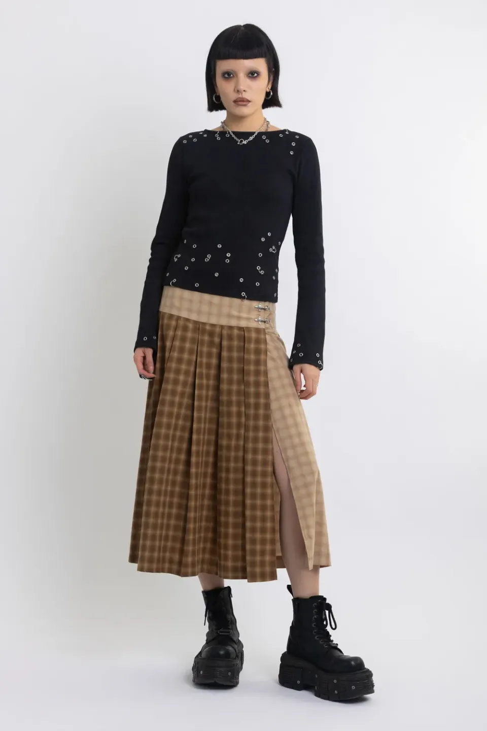 The Ragged Priest Pull Spliced Check Kilt midi nederdel beige