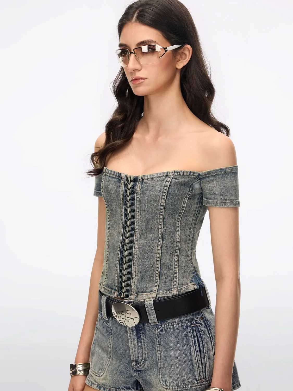 Miss Sixty 6M2XJ42000F89 off-shoulder skjorte blå cropped