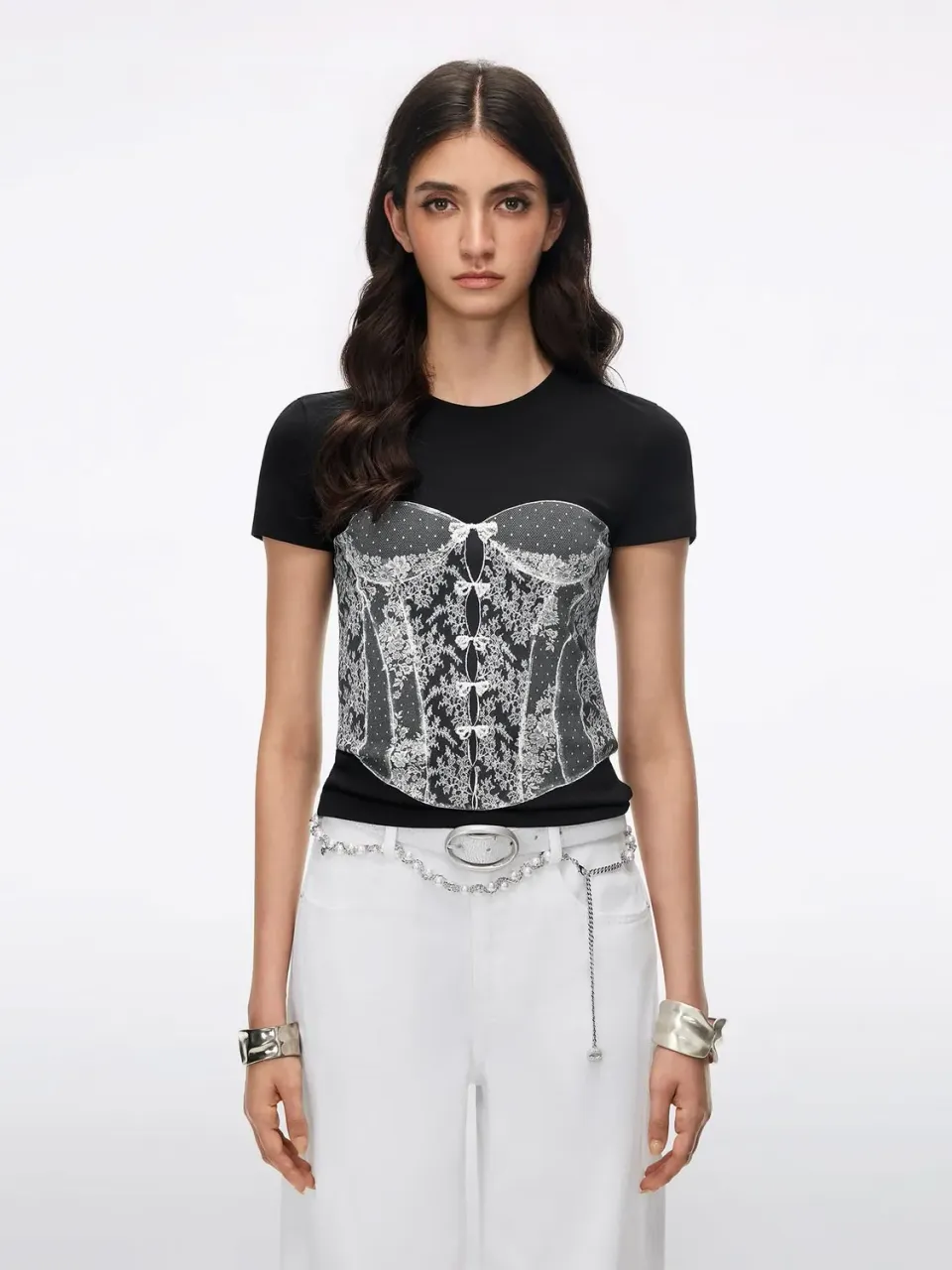 Miss Sixty Beaded Graphic T-shirt sort cropped perler
