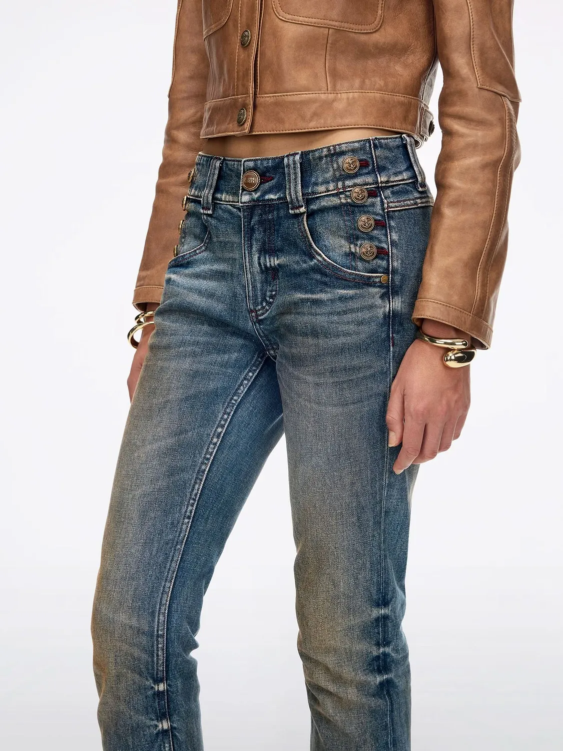 Miss Sixty Distressed Flare Jeans Blå Stretch Knapper