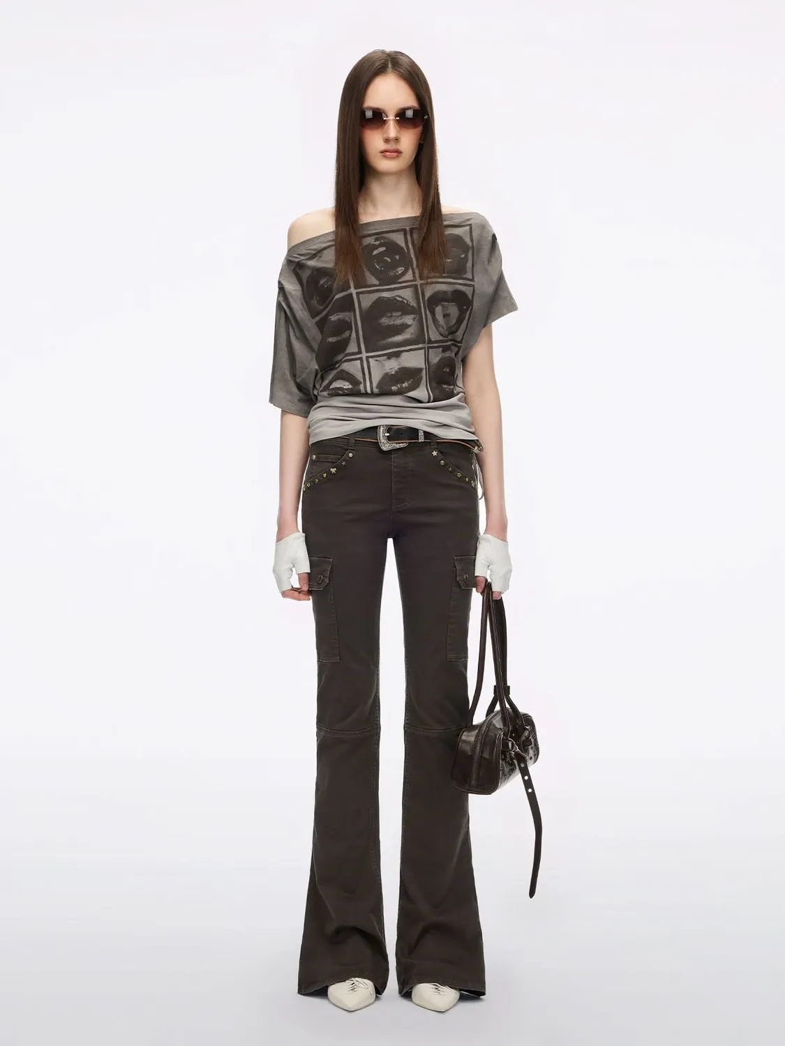 Miss Sixty Off-Shoulder T-shirt off white print