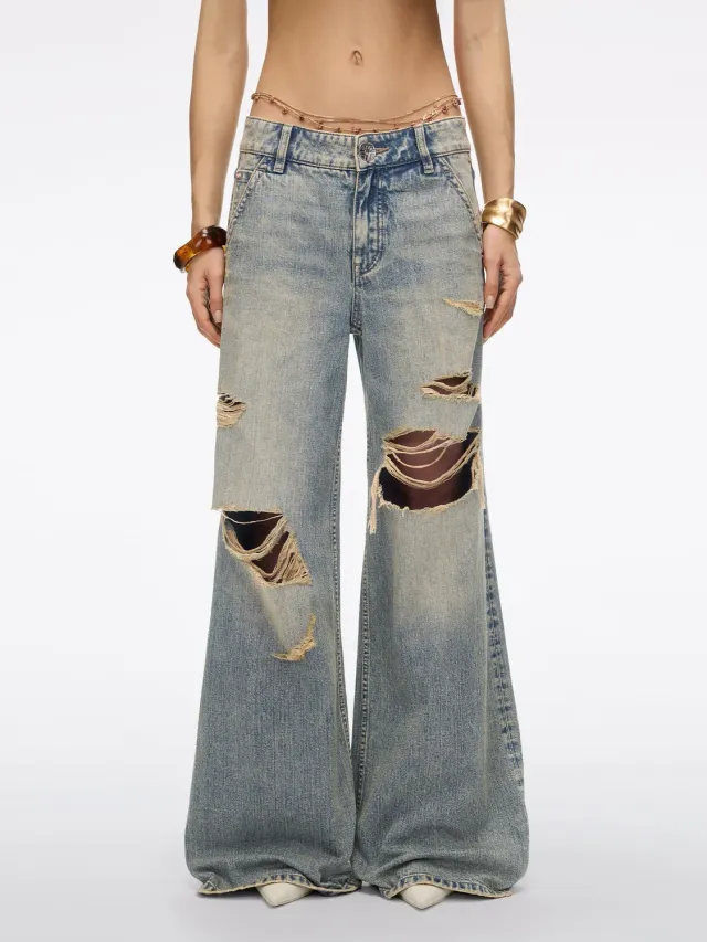 Miss Sixty Chain Detail flare jeans mellemblå lav talje