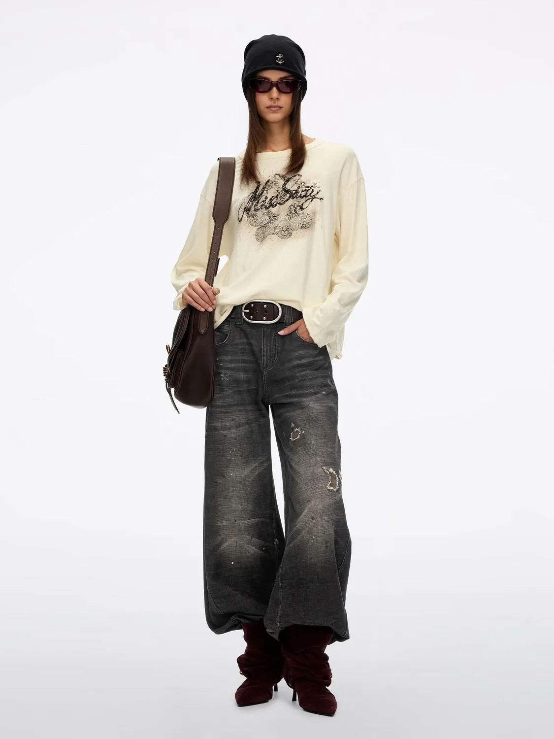 Miss Sixty Distressed Graphic T-shirt langærmet abrikos