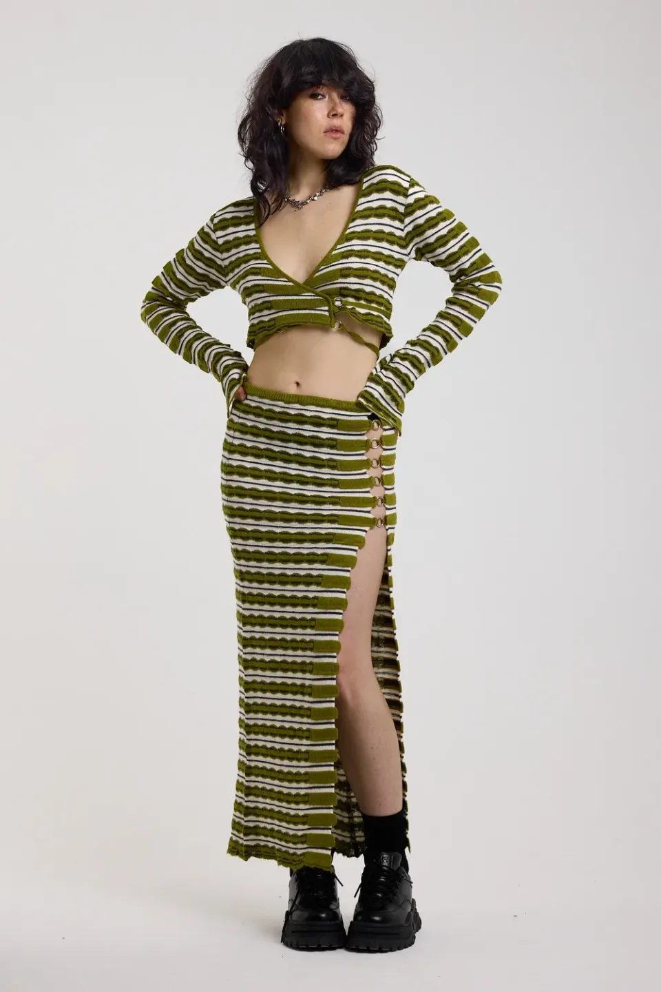 The Ragged Priest Scald Grunge Stripe strik nederdel maxi grøn
