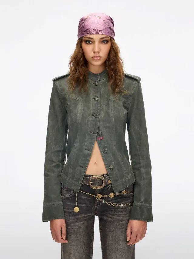 Miss Sixty Distressed denimjakke mørkegrøn cropped