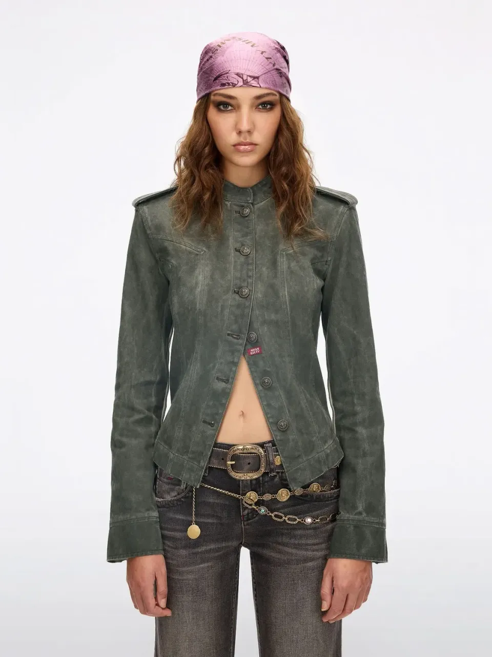 Miss Sixty Distressed denimjakke mørkegrøn cropped