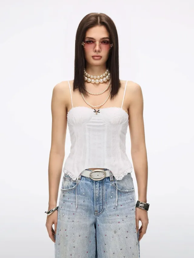 Miss Sixty Jacquard camisole top hvid blonder sløjfe