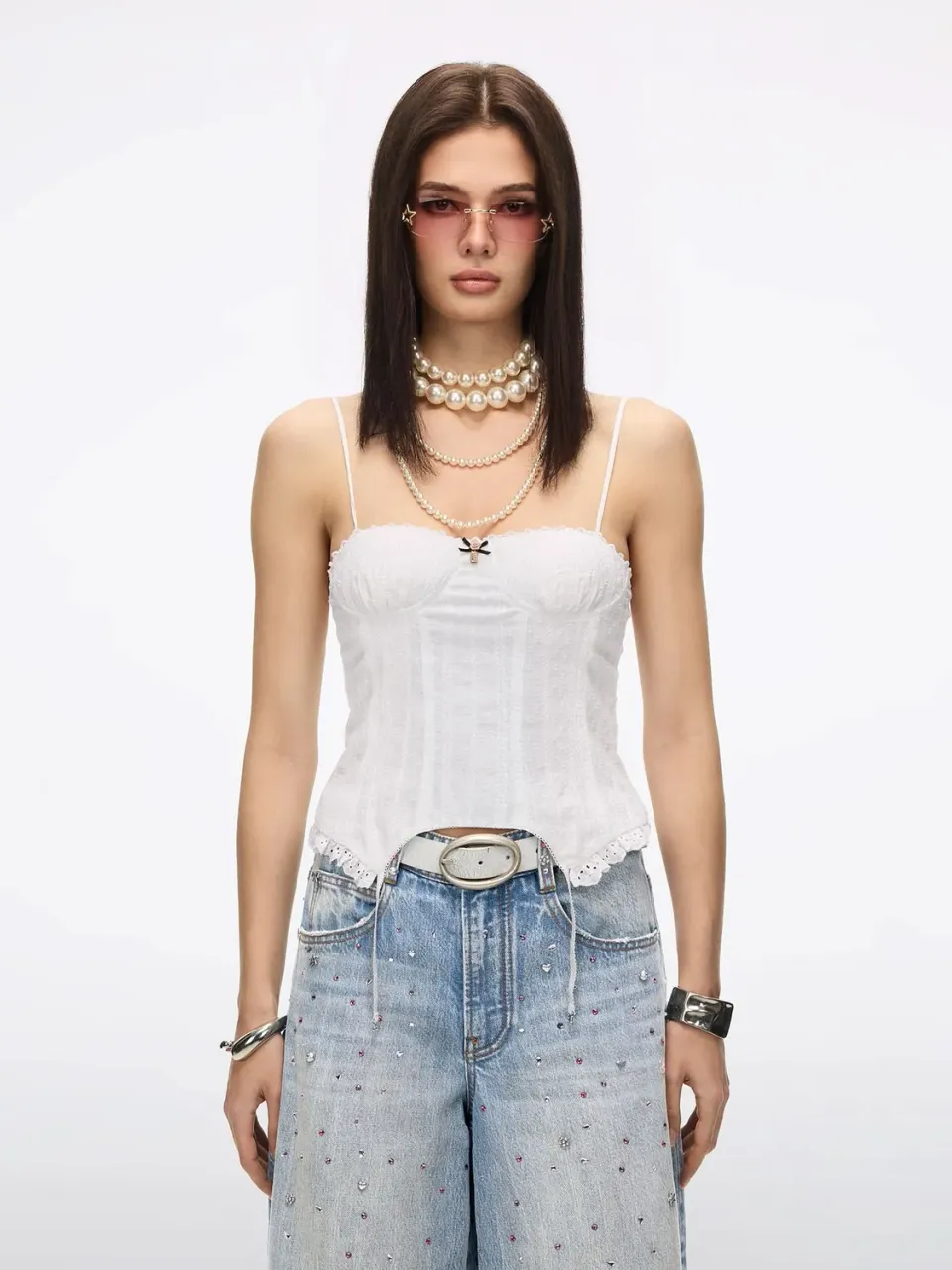 Miss Sixty Jacquard camisole top hvid blonder sløjfe