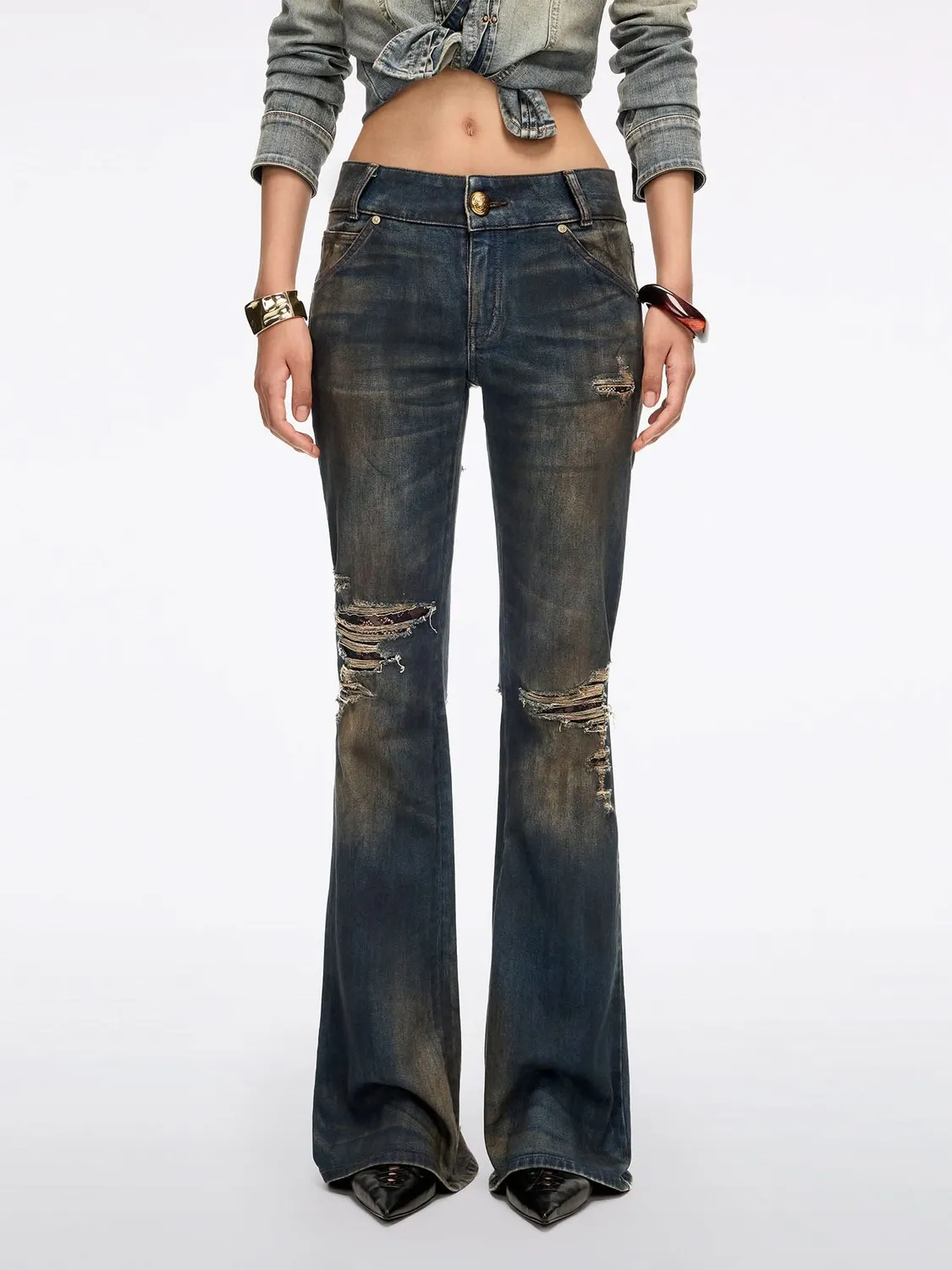 Miss Sixty Distressed Flare jeans mørkeblå med blonderivning