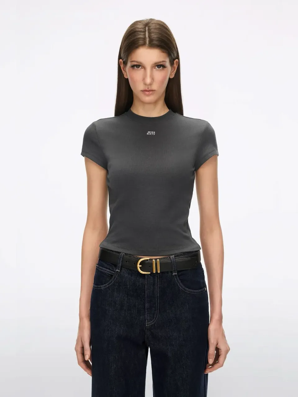 Miss Sixty Broderet T-shirt Mørkegrå slim crop
