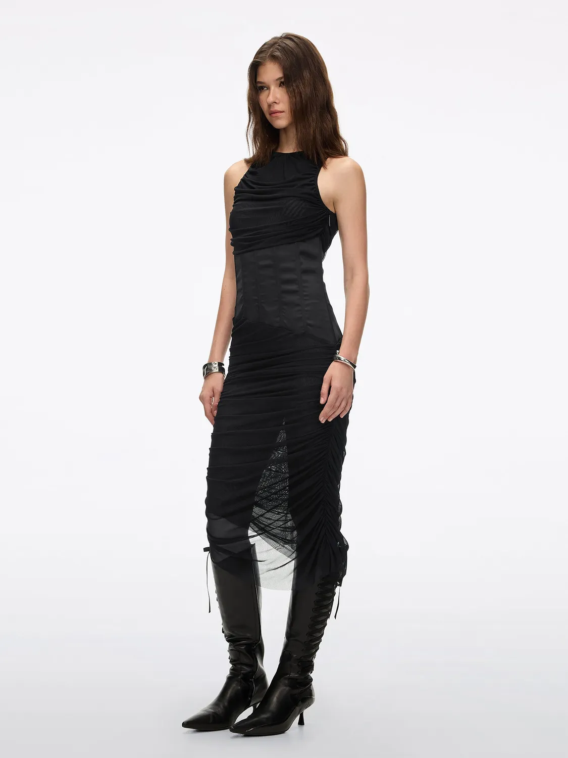 Miss Sixty Ruched Drape Kjole sort satin korset