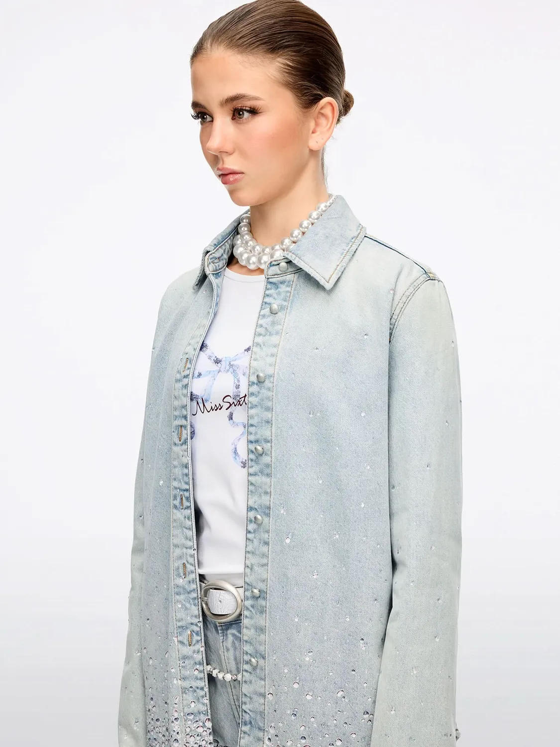 Miss Sixty Rhinestone Denim Skjorte Lyseblå med Rhinsten