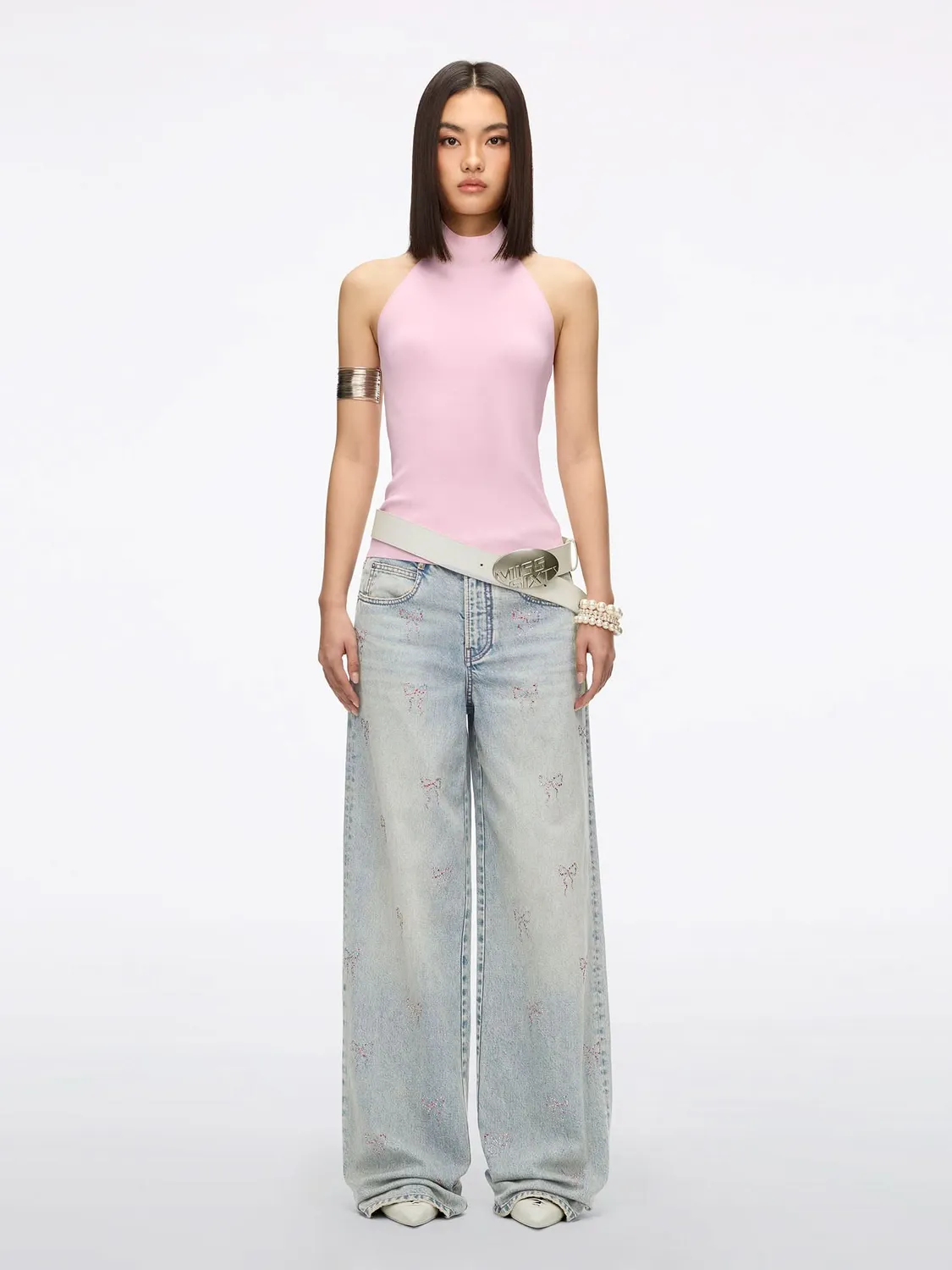 Miss Sixty straight jeans blå med sløjfe rhinstene