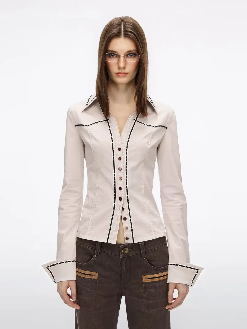 Miss Sixty Rhinestone Button skjorte khaki grey