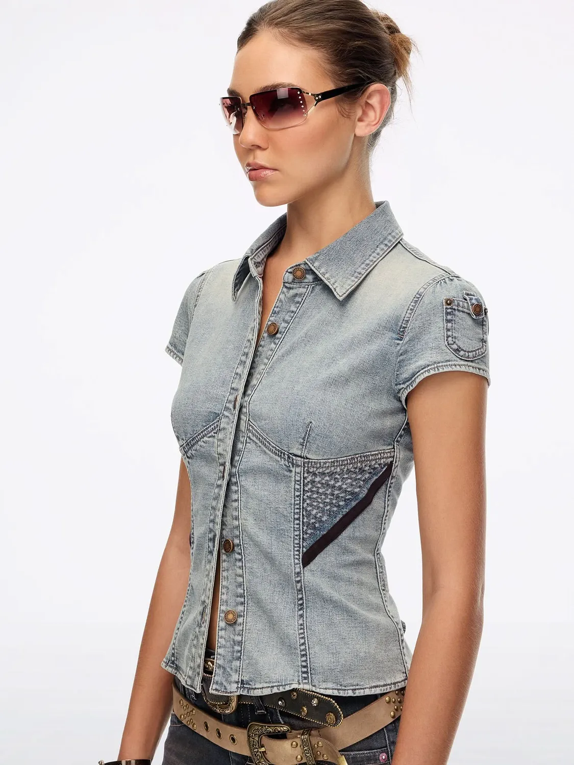 Miss Sixty Distressed denimskjorte vintage lyseblå kortærmet