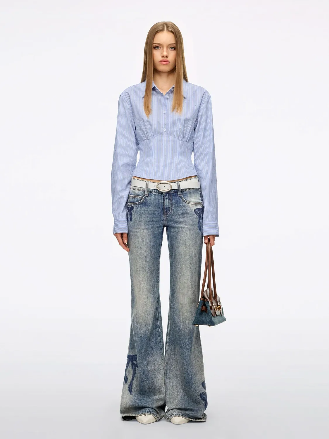 Miss Sixty Rhinestone Lace-Up Striped Shirt skjorte blå