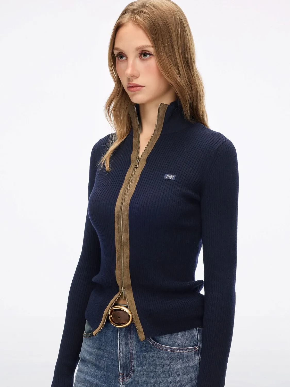 Miss Sixty Panelled cardigan armygrøn – uldblend med lynlås