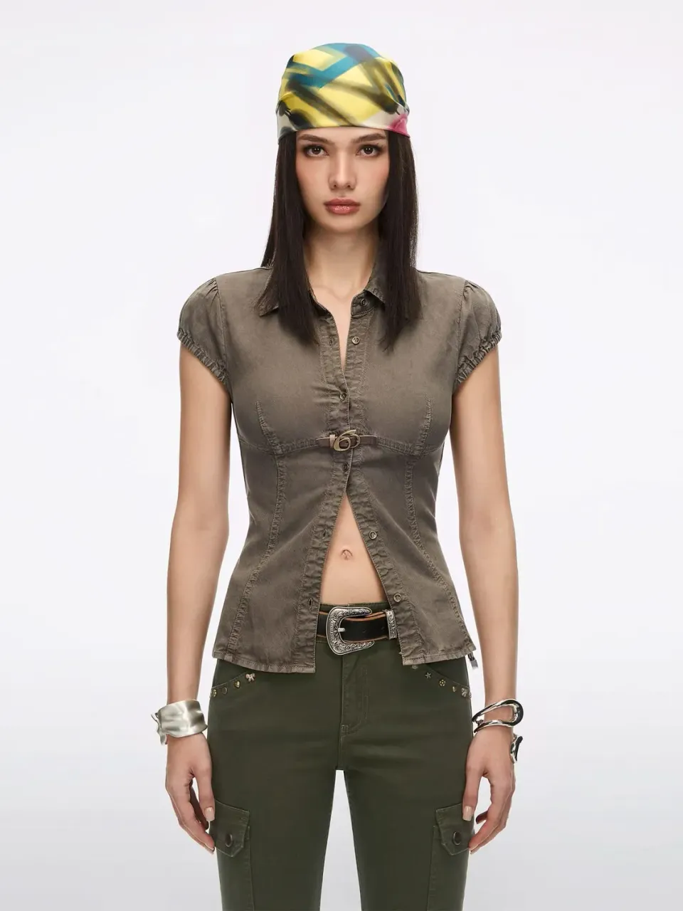 Miss Sixty Logo-Detail skjorte kaffebrun slim-fit lyocell