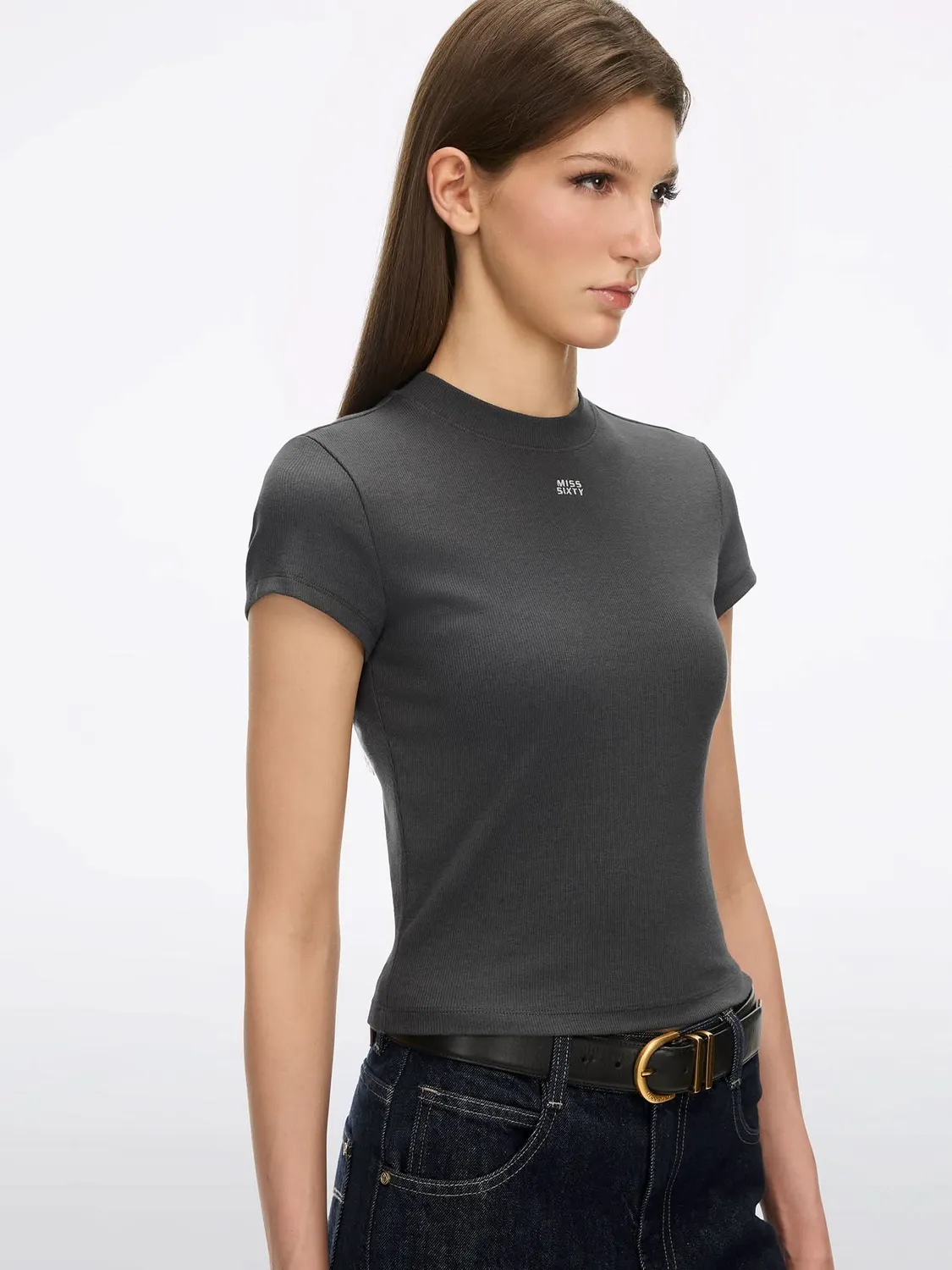 Miss Sixty cropped t-shirt lilla blå bomuld logo broderi