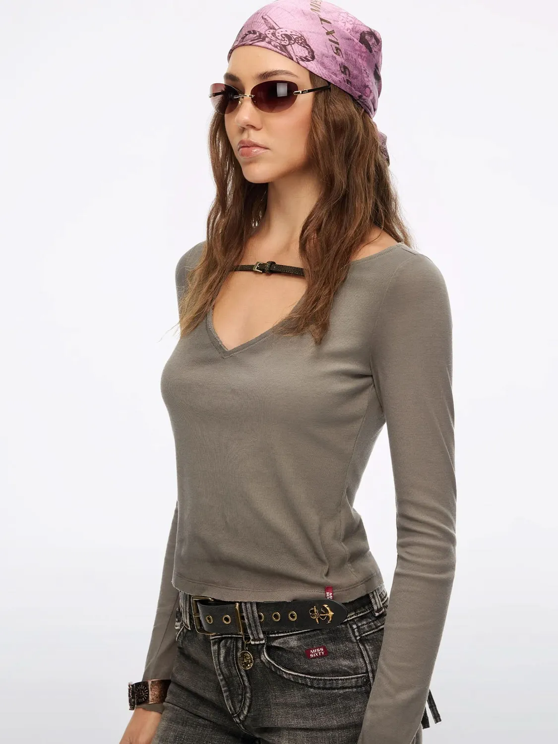 Miss Sixty t-shirt caramel brown cropped spænde