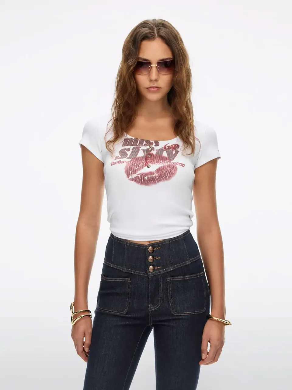 Miss Sixty Kiss Me Lip Print t-shirt hvid slim U-hals