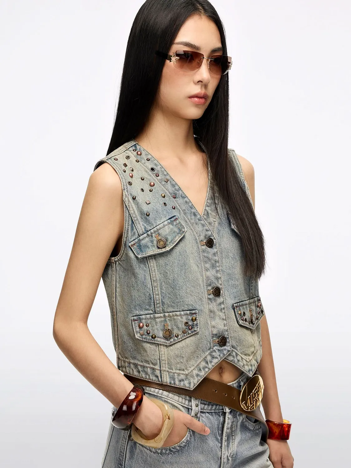 Miss Sixty Studded Denim Vest vintage lyseblå