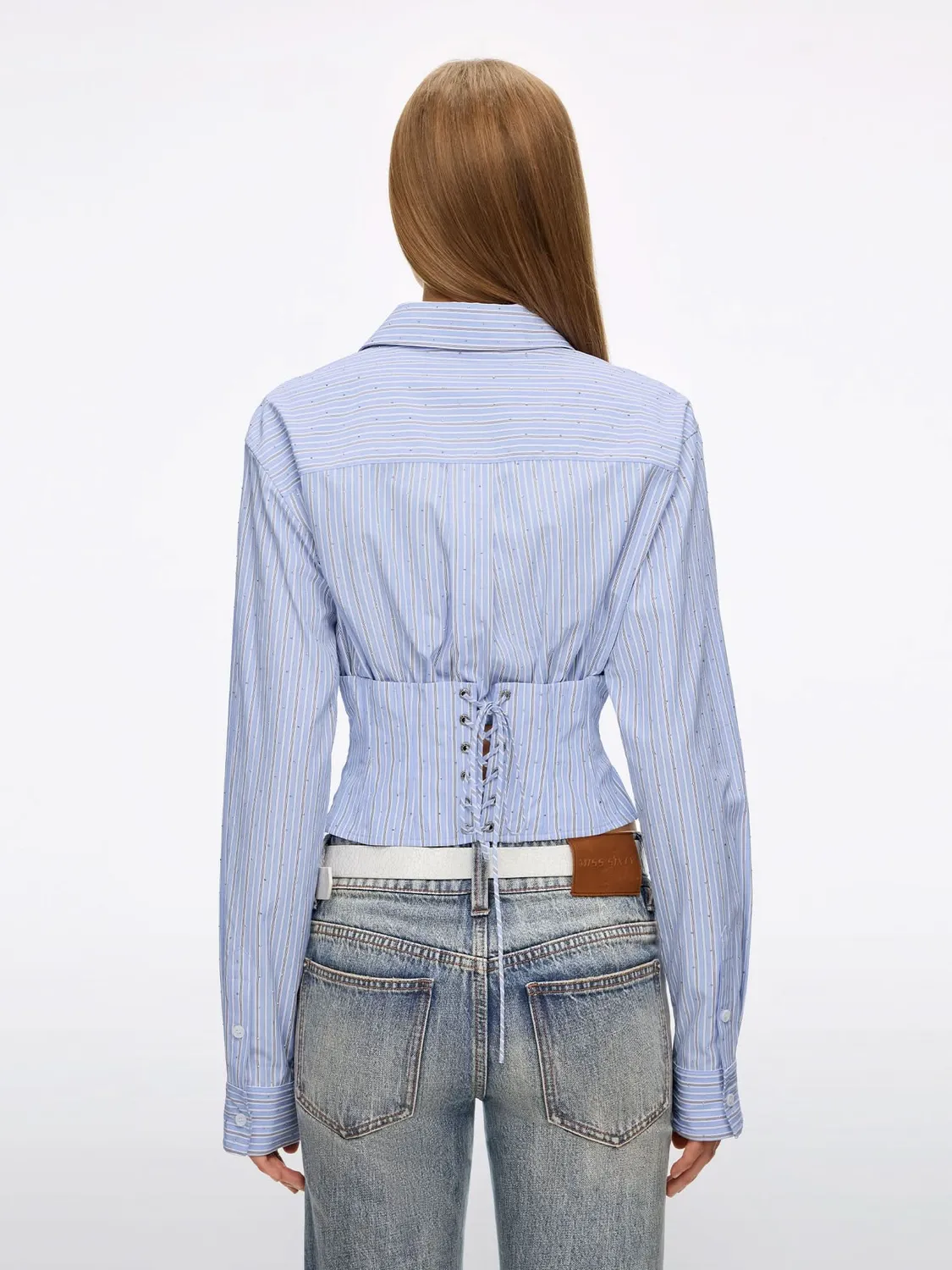 Miss Sixty Rhinestone Lace-Up Striped Shirt skjorte blå