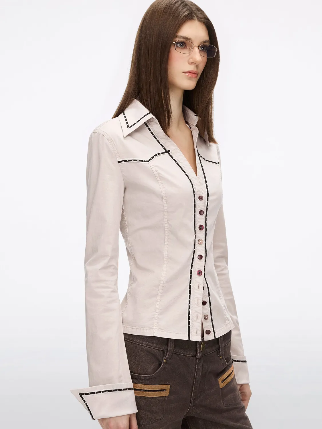 Miss Sixty Rhinestone Button skjorte khaki grey