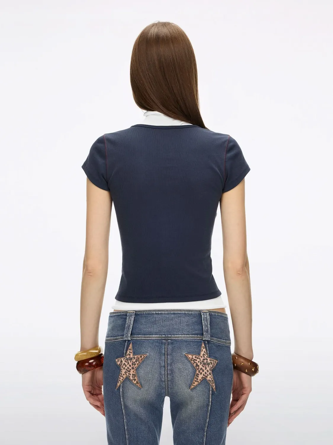 Miss Sixty Logo Print T-shirt navy V-hals slim-fit