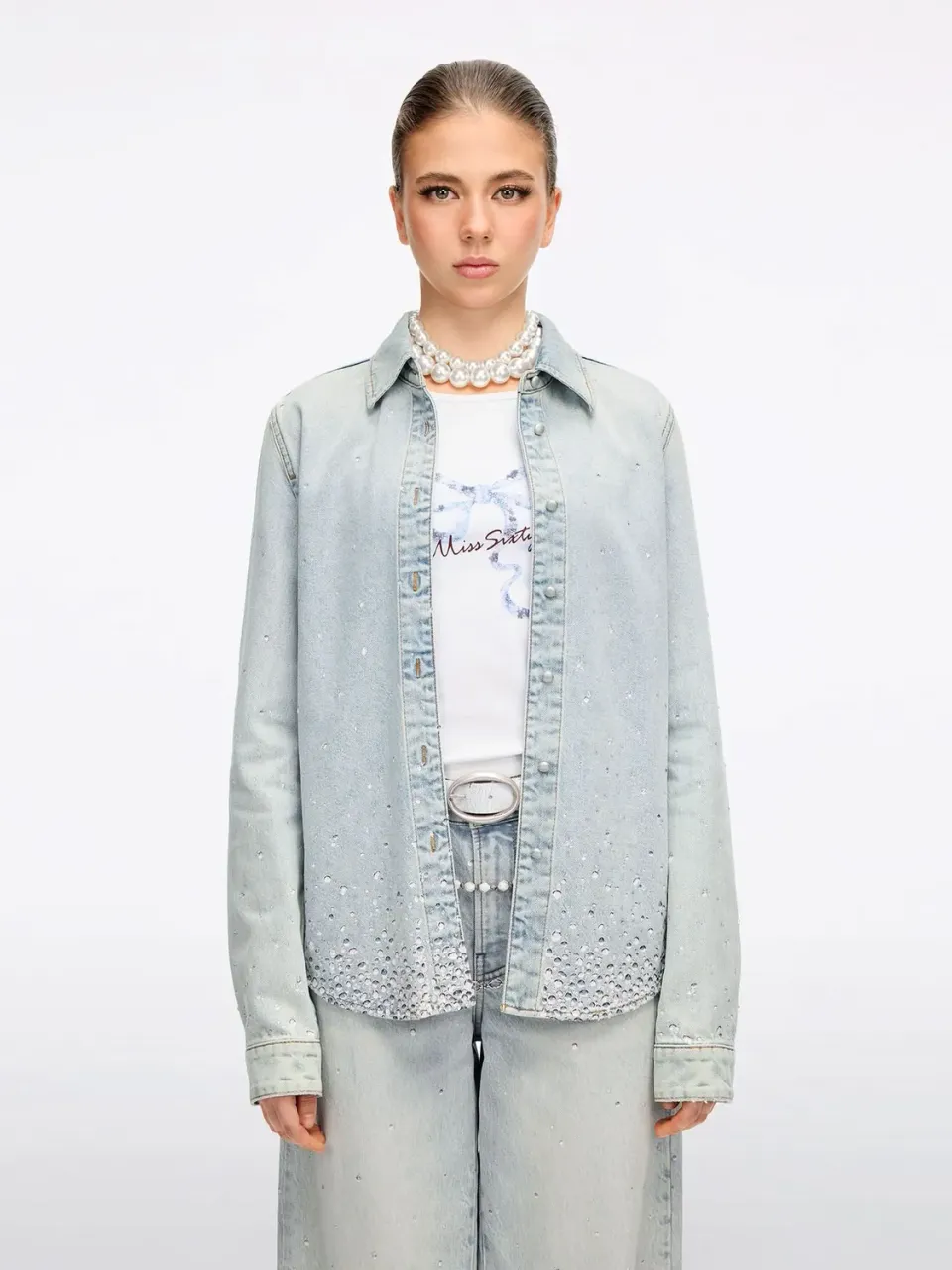 Miss Sixty Rhinestone Denim Skjorte Lyseblå med Rhinsten
