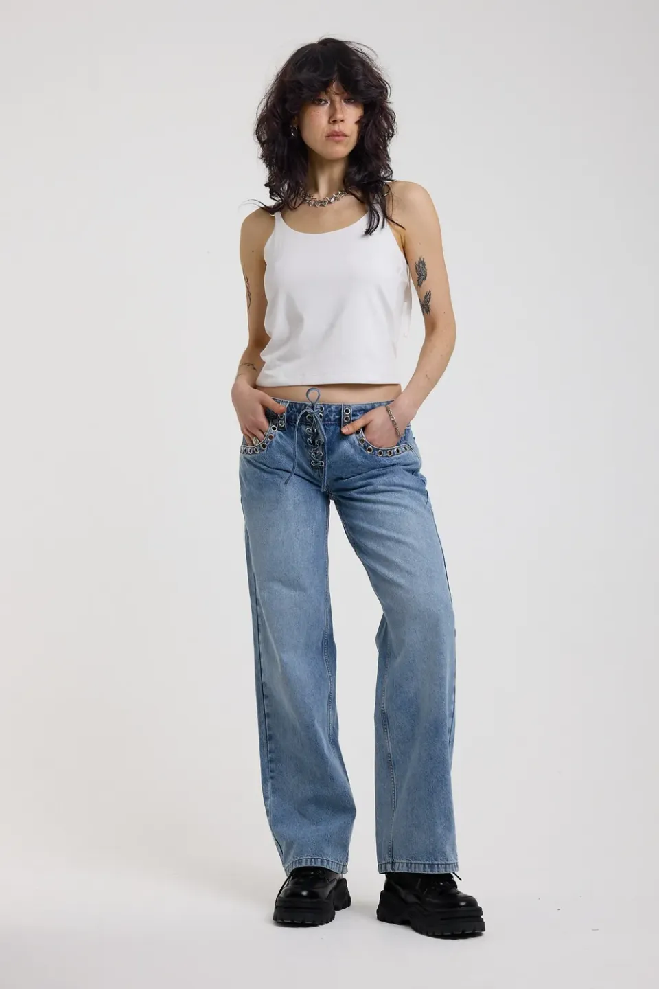 The Ragged Priest Twilight Lace Up baggy jeans blå snøring