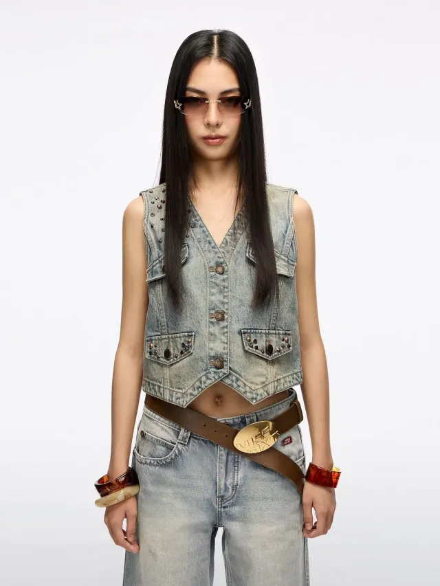 Miss Sixty Studded Denim Vest vintage lyseblå