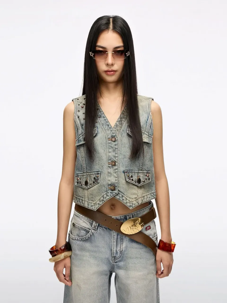 Miss Sixty Studded Denim Vest vintage lyseblå
