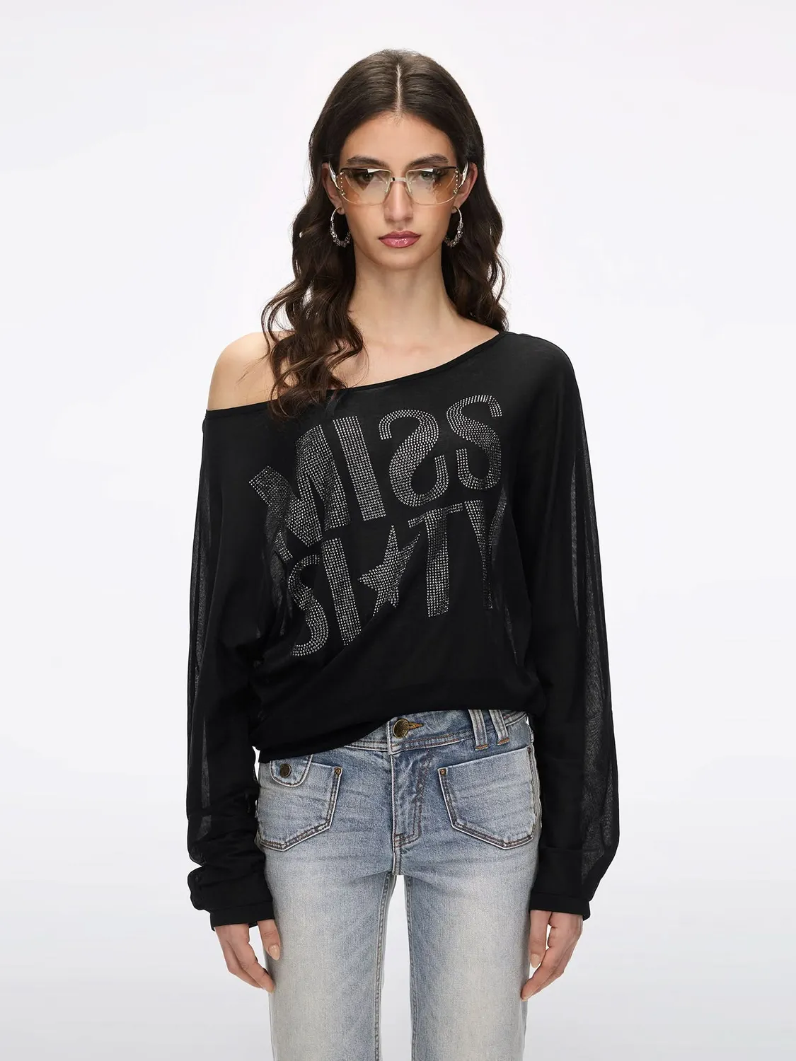 Miss Sixty Off-Shoulder Rhinestone T-shirt hvid strass